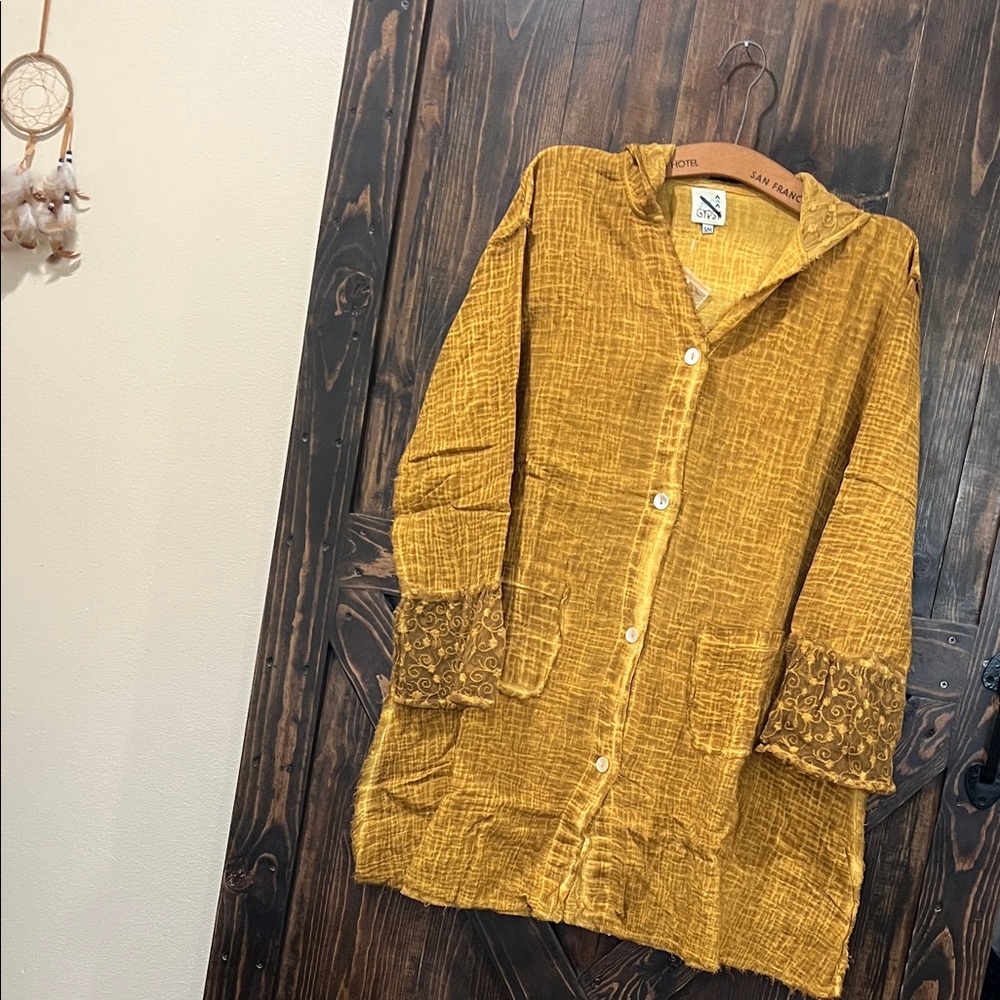 Jaded Gypsy- Mustard Yellow Hooded Button-Front Jacket, Top, Duster or Dress